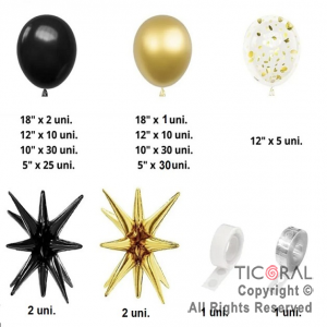 SET DE GLOBOS ARCO XL NEGRO Y ORO LA707 145 UNIDADES